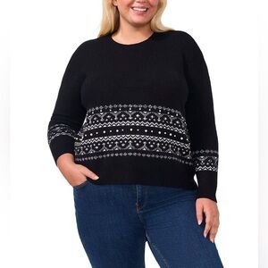 CECE Fair Isle Jersey Knit Crew Neck Dropped Long Sleeve Pullover Sweater
